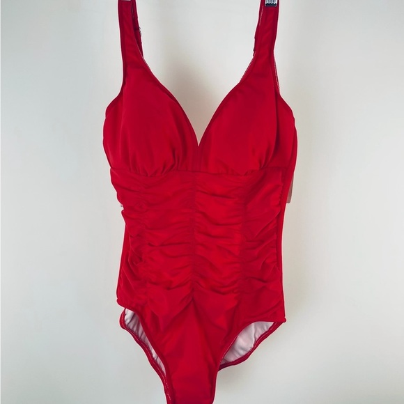 Swim Solutions Shirred Wide Strap One Piece Swimsuit Size 8 Coral Orange - Picture 2 of 8